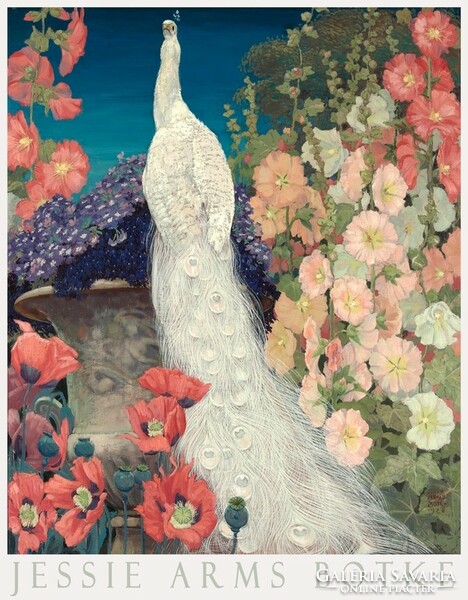Jessie Arms Botke Fehér páva és színes mályvák 1926 festmény művészeti plakátja, virágos kert