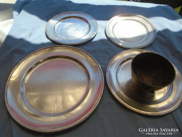 4 large antique trays with identical rim decoration from the 1930s to the 70s 1 serious offering silver?