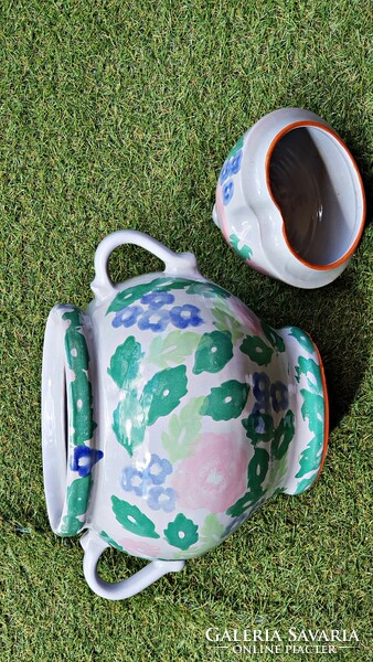Beautiful. Huge, (6.5 liter) 2-handled, high-lid, hand-painted ceramic pot.