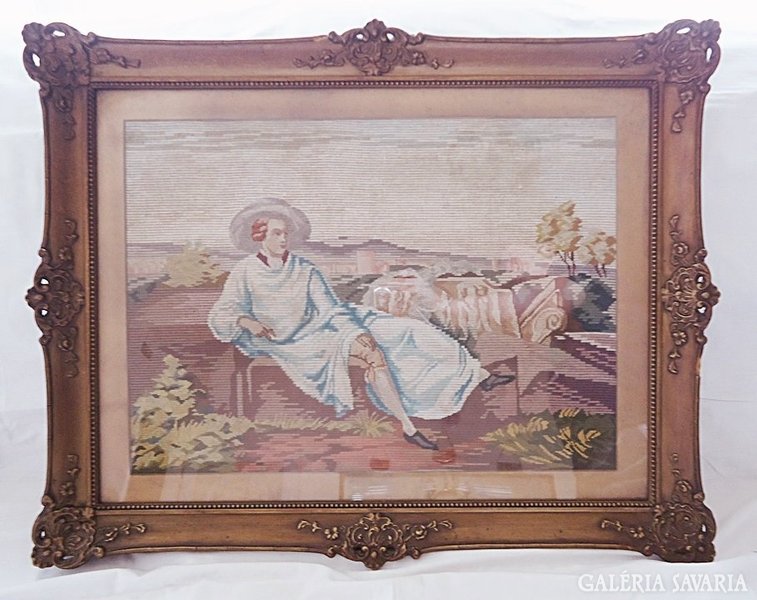 Tapestry decorated with an antique hinge scene in openwork blondel frame 76x60