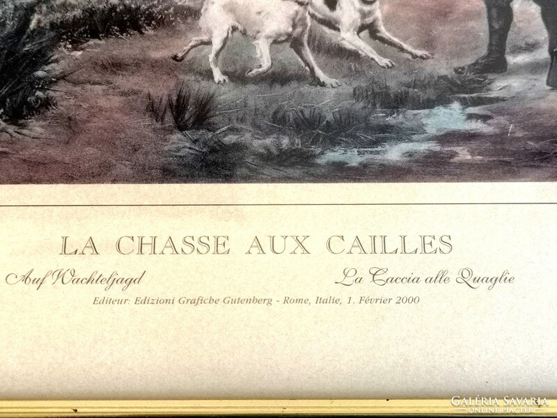Fürjvadászat 42 x 31 cm, grafikai nyomat, francia, olasz, német nyelvű v kép, üveglap, vadászjelenet