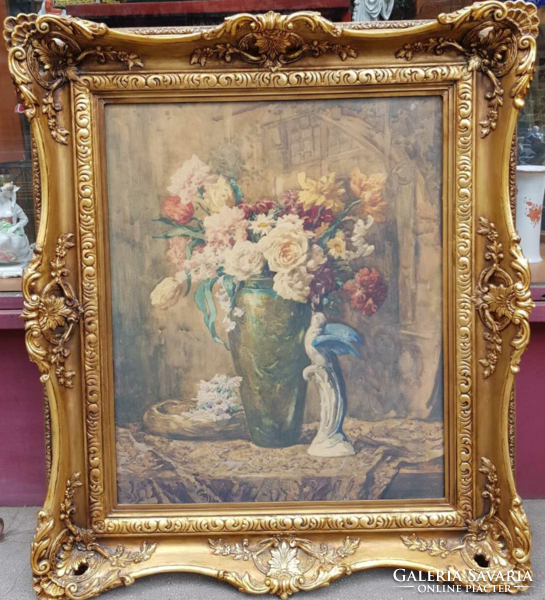 IMPOZÁNS!!! Komáromi Kacz Endréné akvarell virágcsendélet ablakban eozinos Zsolnay vázával festmény