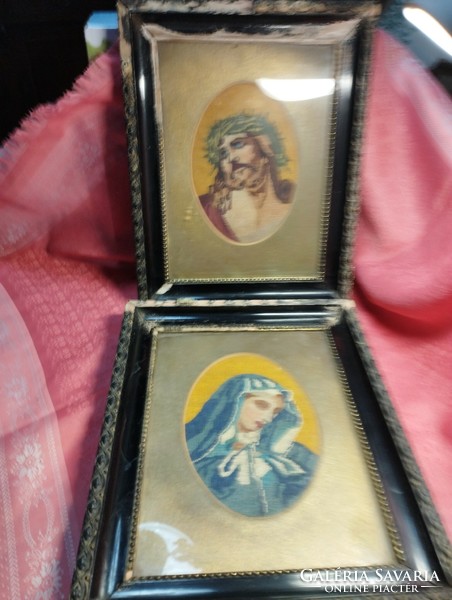 Pair of antique tapestries in a glass frame: Jesus Christ and the Virgin Mary