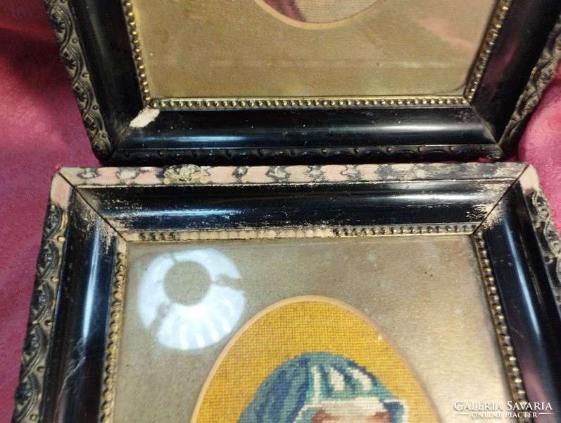 Antik gobelin pár üveges keretben: Jézus Krisztus és Szűz Mária