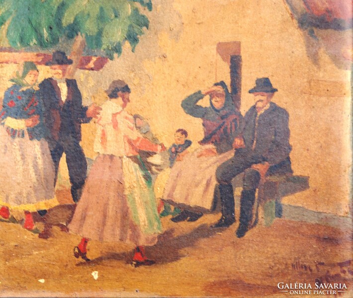 Nyilasy Sándor nyomán: Családi öröm, 1936 - olaj-karton festmény, eredeti keretezésben