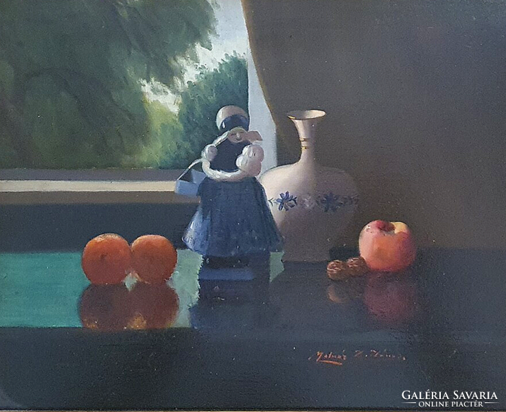 János Molnár z (1880 - 1960): still life with an orange and a porcelain doll