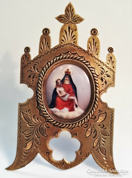 Antique hand-painted porcelain inlay with copper frame pieta favor object
