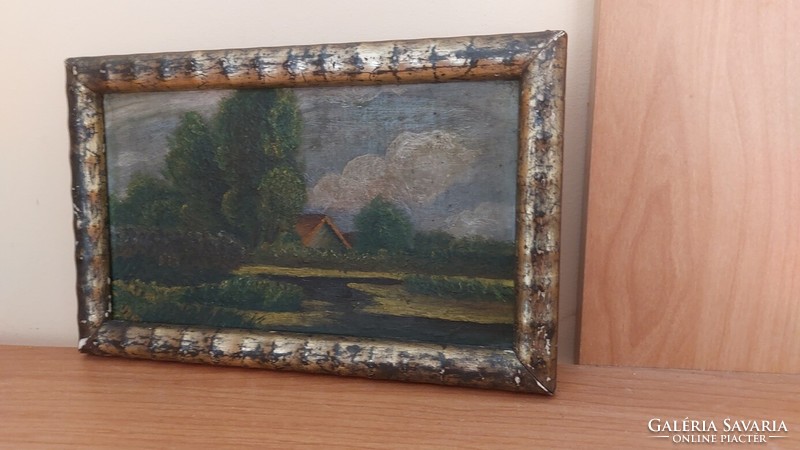 Small small landscape painting with a small farm with a 26x16 cm frame