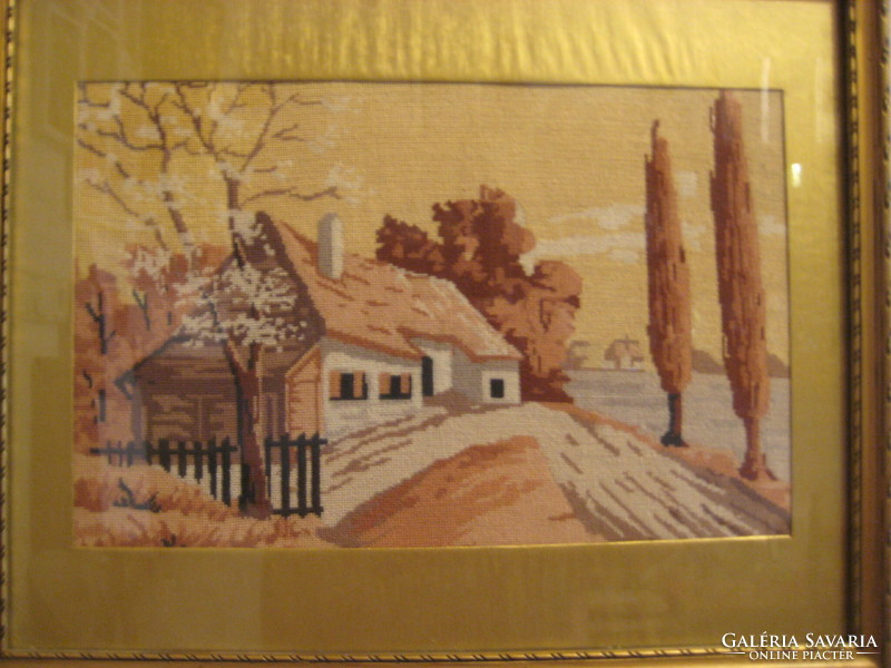 Old needle tapestry in a beautiful frame, with golden passepartout, 26 x 12 cm and 33 x 27 cm, with frame