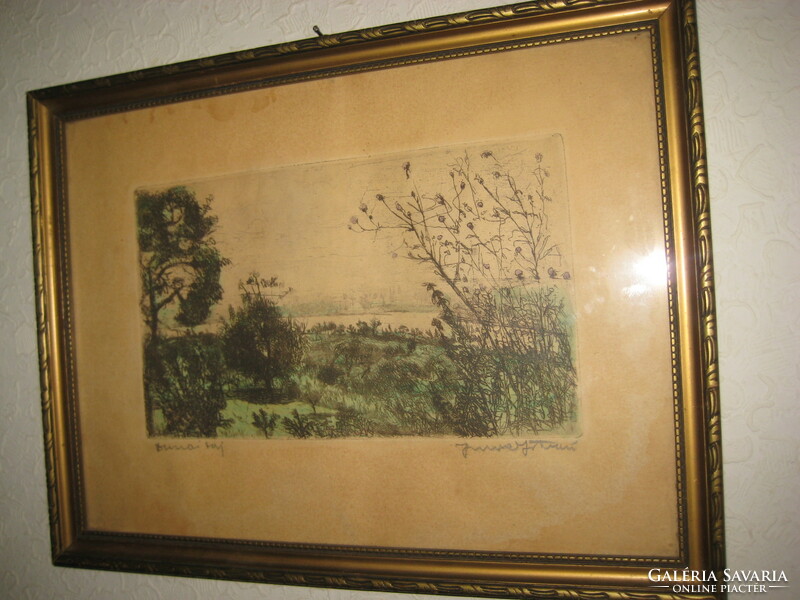 IMRE István  /  1950 -   /  :  Dunai táj    színes rérkarc   25 x 15  cm  és 38 x 28 cm  kerettel
