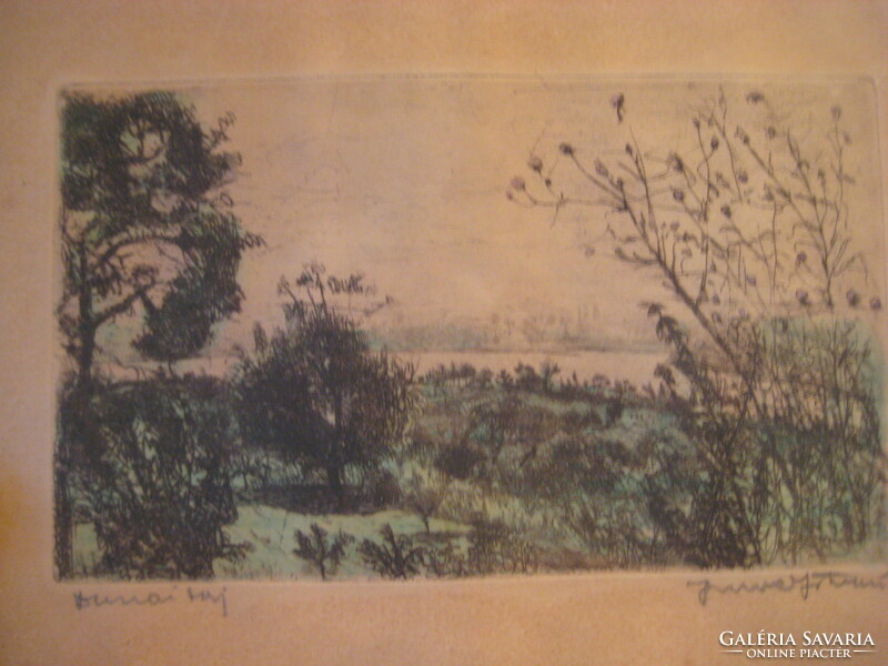 IMRE István  /  1950 -   /  :  Dunai táj    színes rérkarc   25 x 15  cm  és 38 x 28 cm  kerettel