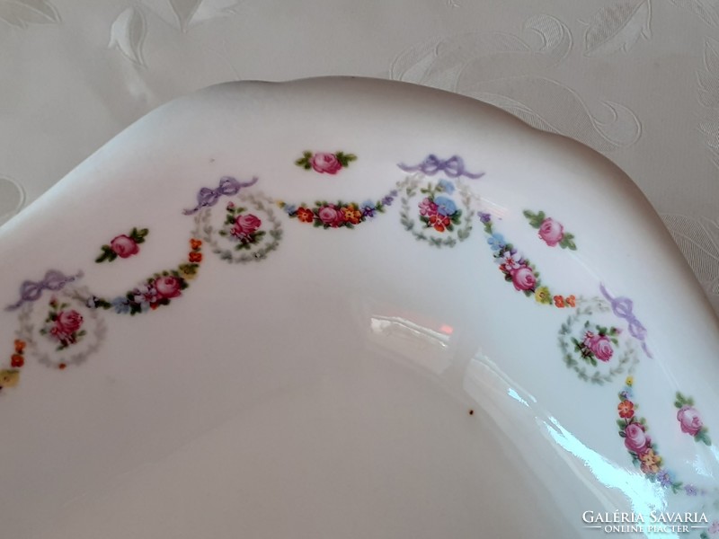 Régi szögletes rózsa mintás porcelán tál virágfüzéres masnis rózsás köretkínáló