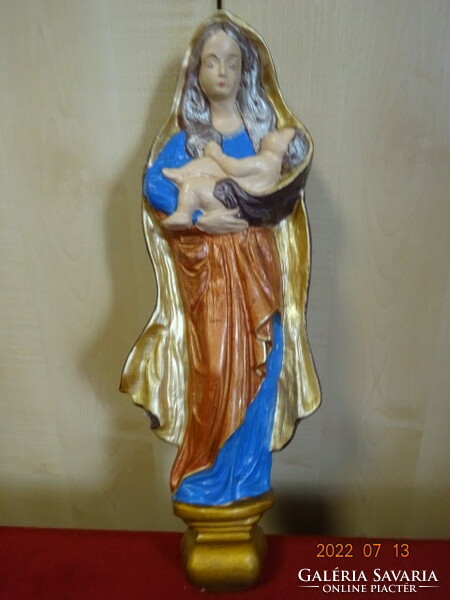 Kézzel festett gipsz figura, Falra akasztható.  Szűz Mária a kisjézussal. Vanneki! Jókai.