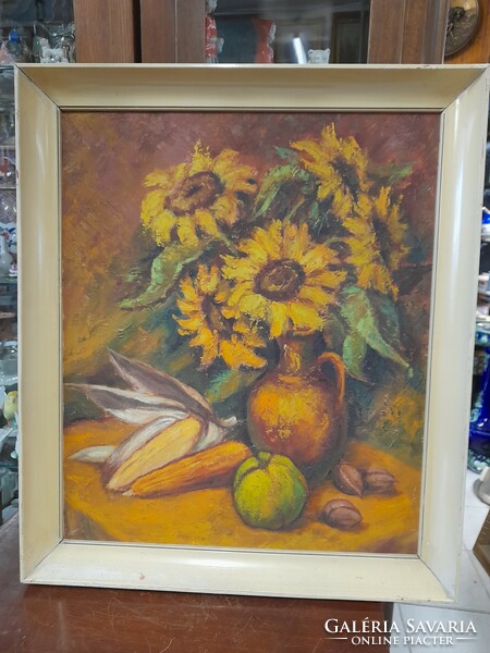 Sunflower oil canvas still life painting.