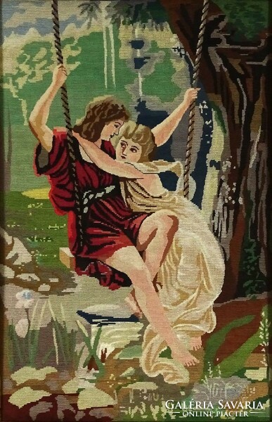 1J643 antique huge loving couple in needle tapestry gilded blondel frame 100cm x 70cm