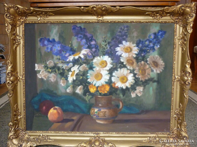 Schey Ferenc for sale: oil canvas painting titled still life with daisy flowers