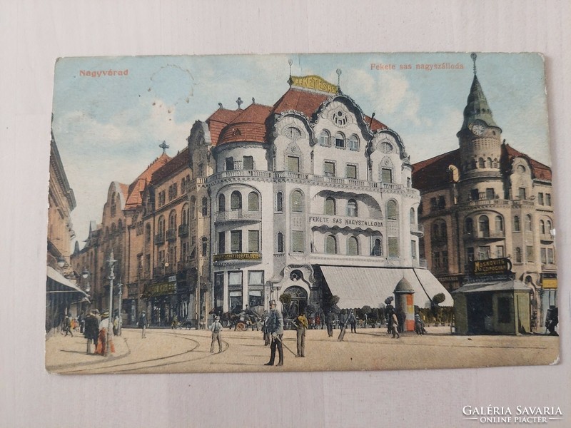 Nagyvárad, Black Eagle Grand Hotel, 1910s, old postcard, life picture, street view, shops