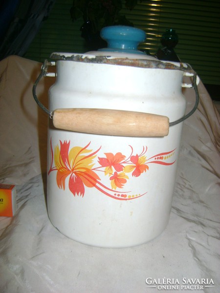 Retro enamel jug, milk jug - with autumn leaves decor