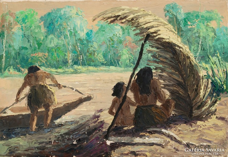 Cesar Calvo de Araujo (1910-1970): indigenous family in the jungle of Iquitos - Peru, oil on canvas