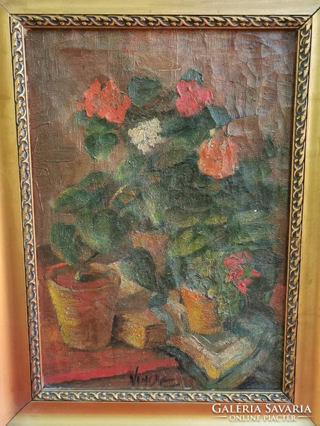 László Vincze (1934-2020): table still life with flowers, oil on canvas