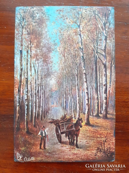Régi képeslap 1906 Oilette művészi levelezőlap tájkép lovas szekér