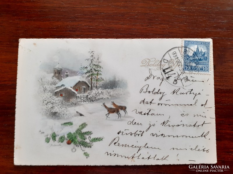 Régi újévi képeslap 1931 őzikék tájkép vintage levelezőlap