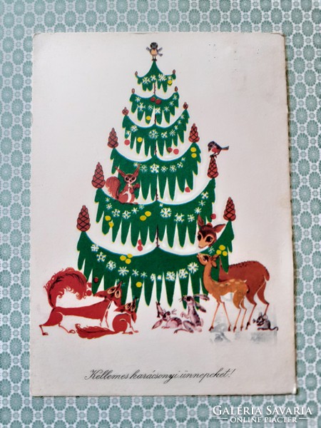 Old Christmas picture postcard 1976 forest animals retro postcard