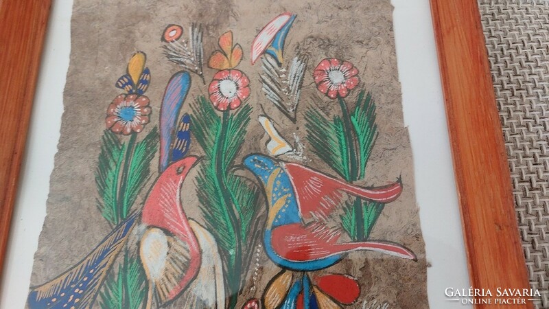 Mexican flowers + bird painting 27x36 cm with frame on special paper