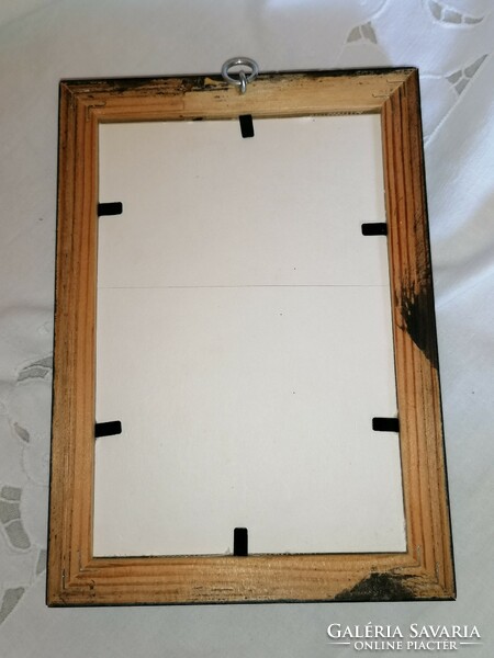 Antique lace holy picture in glazed wooden frame