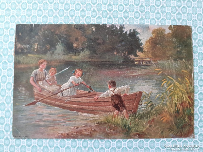 Régi képeslap 1918 tájkép művészi levelezőlap csónak hölgy gyerekek