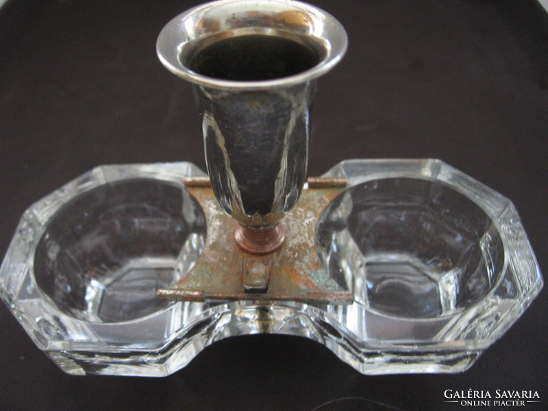 Antique sheet-polished table salt shaker with silver-plated toothpick holder