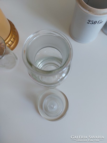 Régi patika tégely mérő edény kanál Zsolnay porcelán fa üveg