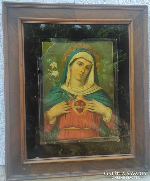 Antik üveg szent kép házi àldàs széles fakeret,kép keret legalább 100 éves.Boldogsàgos Szűz Mária!..