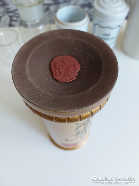 Régi patika tégely mérő edény kanál Zsolnay porcelán fa üveg