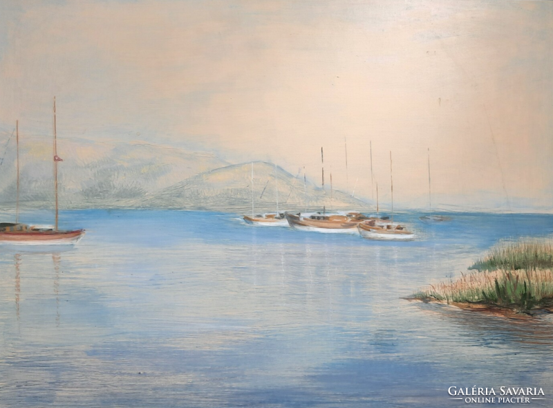 BALATONI HAJÓK (58,5x43,5 cm + keret) kikötő, tavi tájkép, panoráma látvány