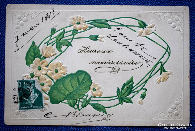 Antik szecessziós dombornyomott üdvözlő litho képeslap virágkoszorú