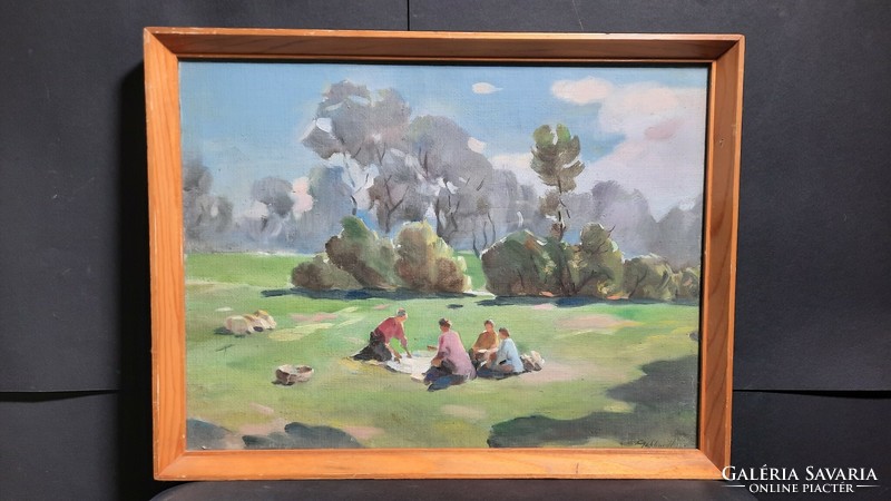 István Gebhardt: picnic (oil painting in frame, 33x43 cm) park, free time, lifestyle