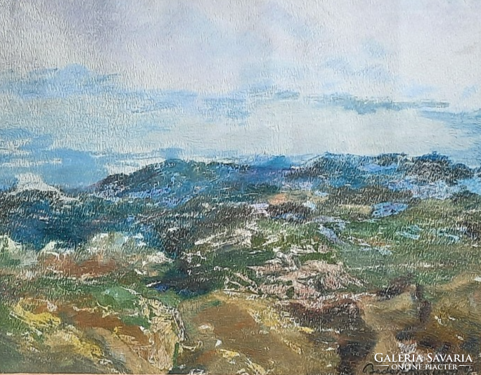 Bede István: Forró nyár, 1957 (olajfestmény keretben 40x44 cm) hegyek, természet