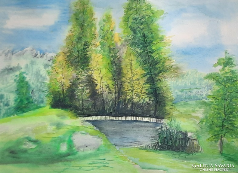 Watercolor with unidentified marking (32x44 cm) diamond laszlo? Landscape, pond in the mountains