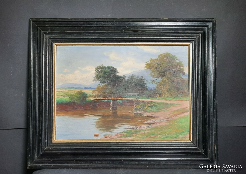 Tibor Szontágh (1873 - 1930): bridge over the river on the bank of a stream (oil painting in a frame), landscape