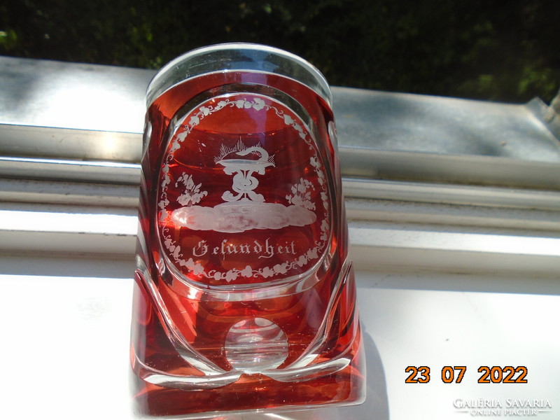19.Sz thick-walled polished ruby-pickled snake apothecary bottle with 2 compartments with the inscription gesundheit in Gothic letters