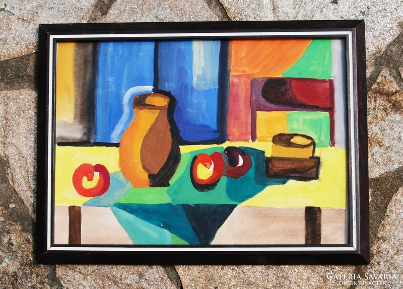 Magyar művész: Asztali csendélet gyümölcsökkel - kortárs festmény keretezve