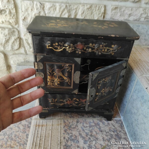 Antique oriental cabinet jewelry box secretary type hand painted lacquer box