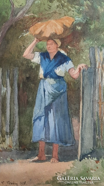 Mrs. Varsányi, 1908 (watercolor) Palóc folk costume, highland costume, portrait - unidentified artist