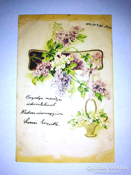 Dombornyomásos, ibolyás, gyöngyvirágos üdvözlő képeslap 1904-ből.   322.