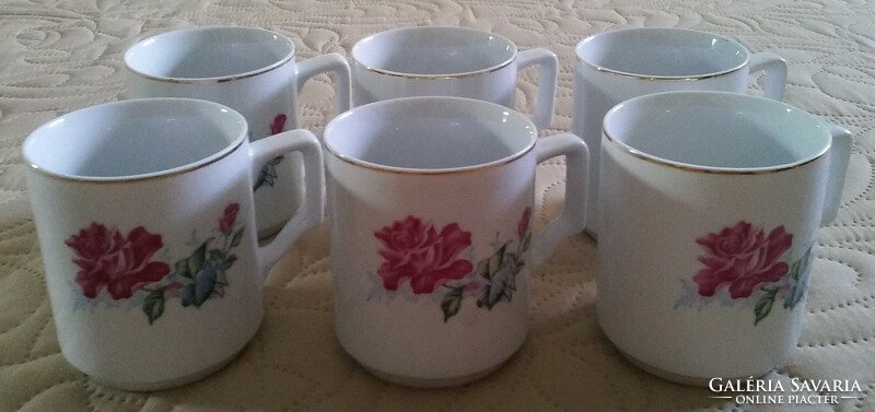 Old Chinese porcelain rose pattern / floral mug set (6 pieces)