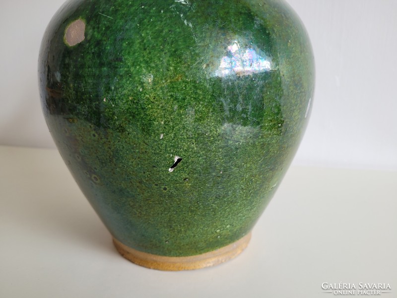Régi antik nagy méretű zöld mázas népi füles vintage cserépedény edény korsó