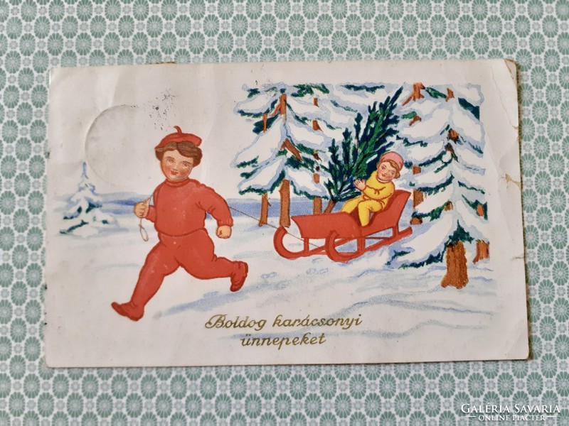 Old Christmas card sledding children postcard