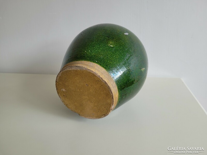 Old antique large size green glazed folk handle vintage earthenware pot jug
