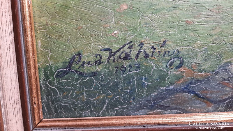 "Kahling" jelzéssel, 100 éves olajfestmény (kétoldal) azonosítatlan osztrák/német alkotó - erdei ház